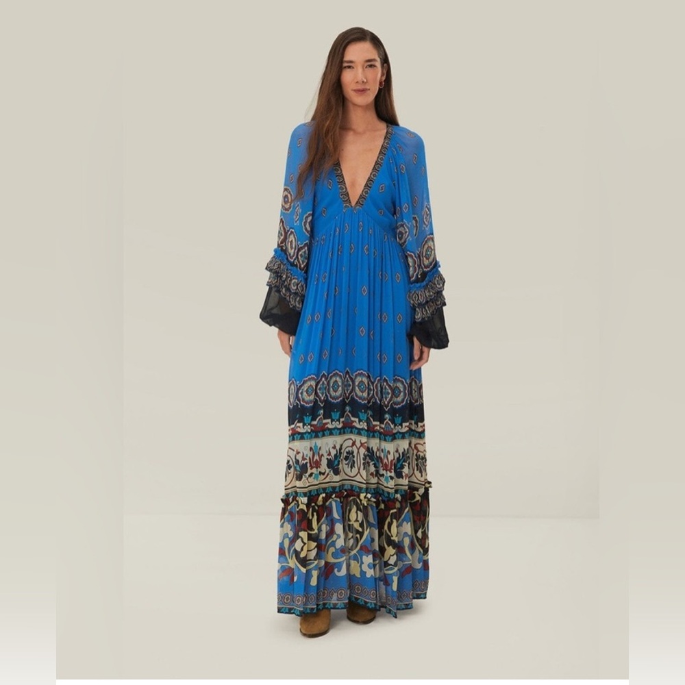 FARM Rio Blue Patterned Long Sleeve Dress